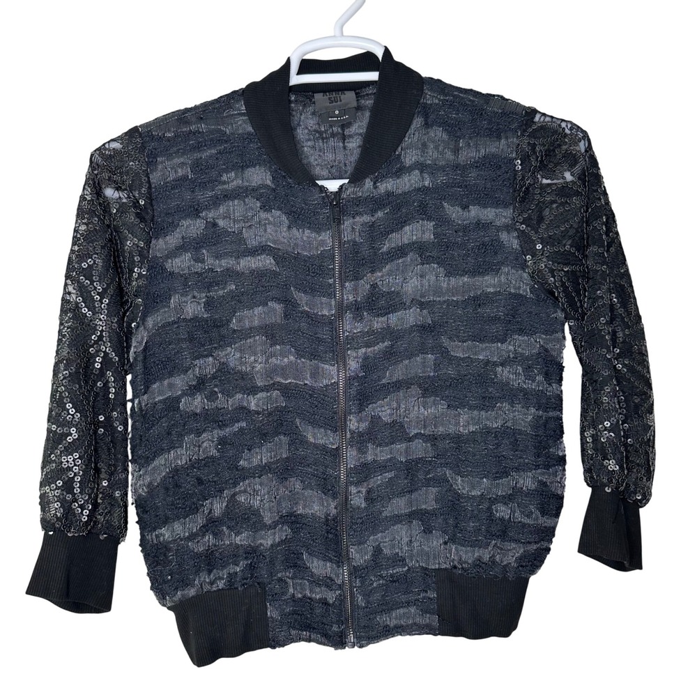 Anna Sui Bomber Jacket Women's 0 Black‎ Sequin Lace Full Zip